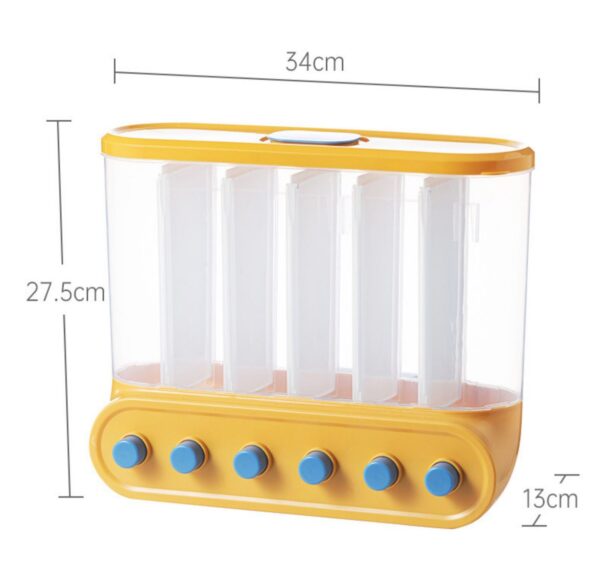 Geel-houten wandorganizer met 5 compartimenten en blauwe knoppen, afmetingen 34x27,5x13 cm. Ideaal voor keukenopslag.