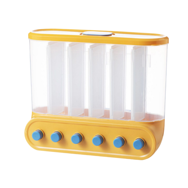 Gele en blauwe keukendispenser met vijf secties voor kruiden of specerijen, stijlvol en functioneel design.