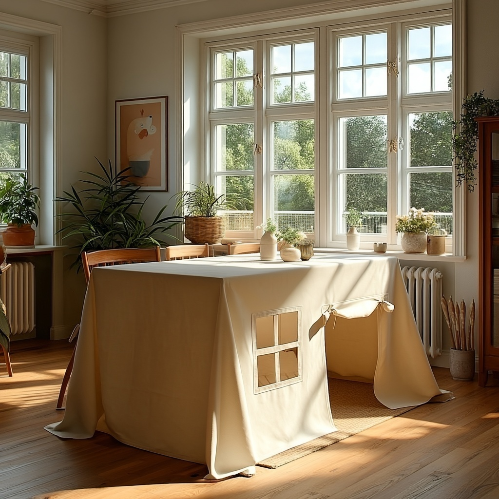 Lichte eetkamer met zonnig raam, houten vloer en tafel met doek; omgeven door planten en decoratieve voorwerpen.