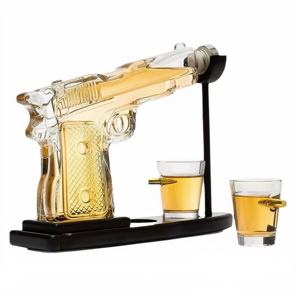 Glazen pistoolvormige karaf met drank en twee shotglaasjes op standaard, uniek whisky geschenkidee.