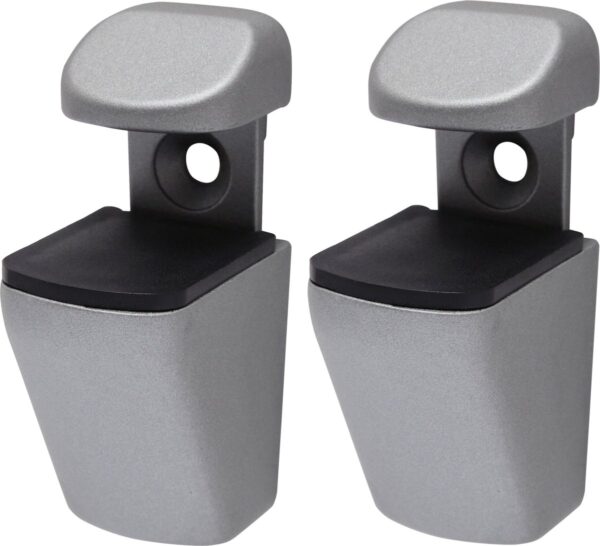 Set van twee moderne zilveren plankdragers, ideaal voor het stevig ophangen van glazen planken in huis.