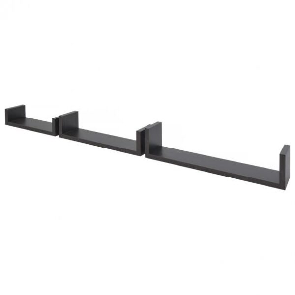 Moderne zwarte wandplank met drie niveaus voor decoratieve opbergruimte in elk interieur.