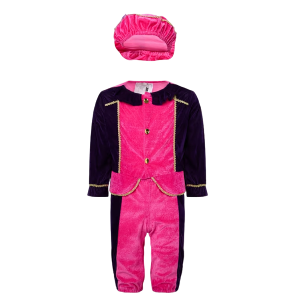 Roze en paars kinder Sinterklaas kostuum met hoed, ideaal voor feestelijke vieringen en verkleedpartijtjes.