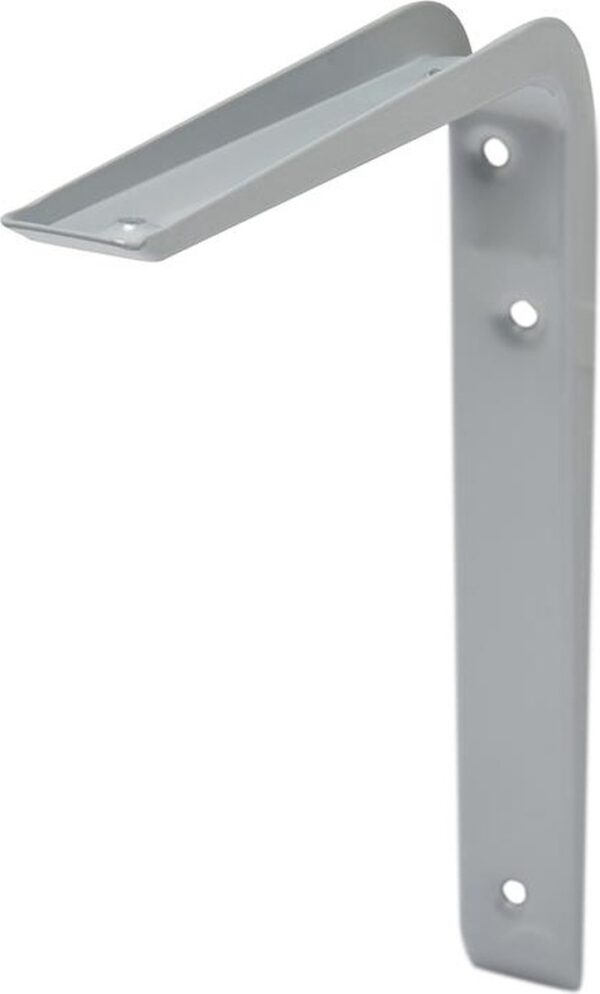 Grijze metalen wandsteun voor plankbevestiging, drievoudige schroefgaten voor stevige montage.
