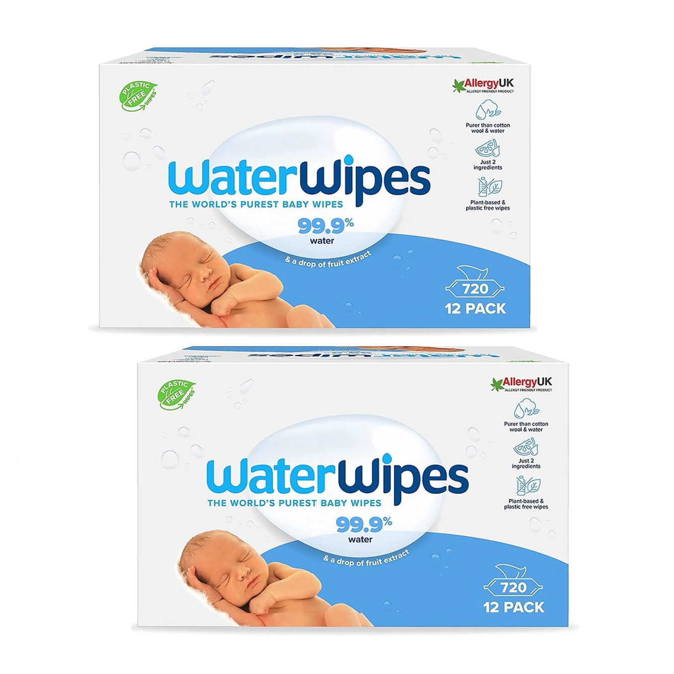 Alt-tekst: WaterWipes, de puurste babydoekjes met 99,9% water en een druppel vruchtextract, 12 verpakkingen.
