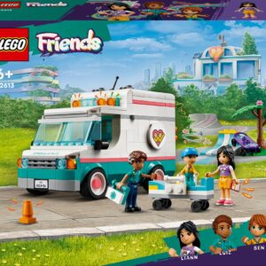 LEGO Friends set 42613: Ambulance en personages in een stadspark met skatebaan en bomen, geschikt vanaf 6 jaar.