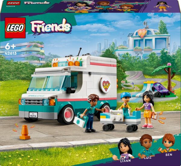 LEGO Friends set 42613: Ambulance en personages in een stadspark met skatebaan en bomen, geschikt vanaf 6 jaar.