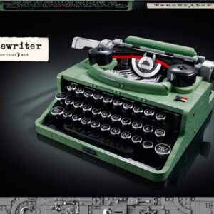 LEGO typemachine set 21327 in groene tinten, elegant weergegeven met authentieke details en realistische toetsen.
