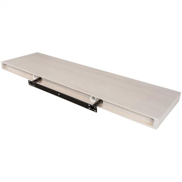 Wandplank met witte afwerking en metalen bevestigingsbeugel voor veelzijdige interieurtoepassingen.
