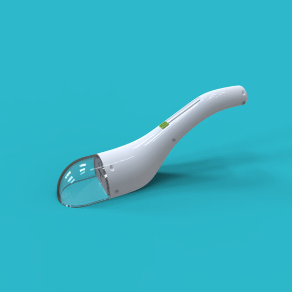 Innovatieve witte handstofzuiger op een blauwe achtergrond, ideaal voor snelle schoonmaakklussen.