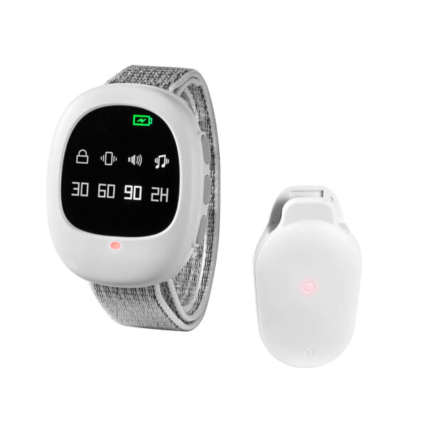 Witte elektronische polsband met display en oplaadstation, ideaal voor gezondheidstracking en fitnessmonitoring.