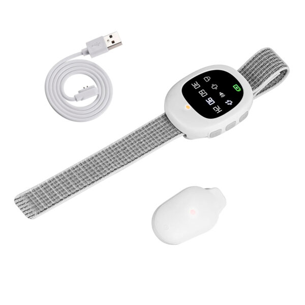 Slimme witte polsband met display en oplaadkabel, ideaal voor fitness- en gezondheidstracking.
