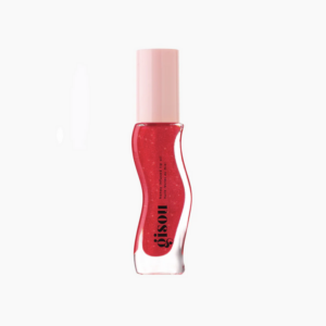 Rode lipolie in elegante fles met roze dop, perfect voor lipverzorging en glans.