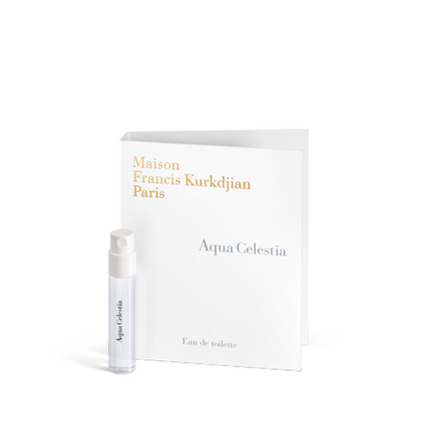 Maison Francis Kurkdjian Aqua Celestia parfumstaal met bijhorende verpakking, elegant en verfrissend.