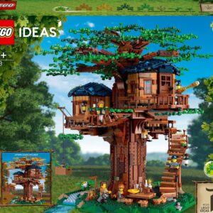 LEGO Ideas boomhut set 21318 voor 16+, met gedetailleerde kamers en accessoires, perfect voor bouwliefhebbers.