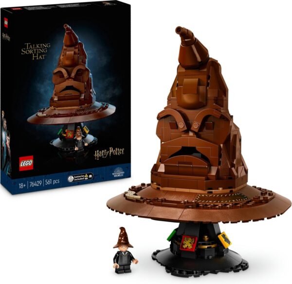 LEGO pratende Sorteerhoed set, bestaande uit 561 stukjes, met mini-figuur en doosafbeelding, Harry Potter thema.