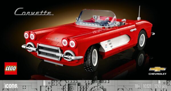 Rode LEGO Corvette set, model 10321, Chevrolet Icons serie, 1210 stuks, achteraanzicht. Geschikt voor 18+.