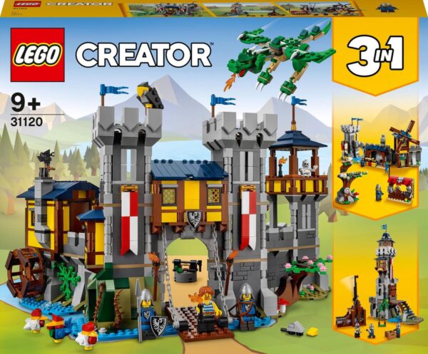 LEGO Creator 3-in-1 middeleeuws kasteel set 31120 met draak, ridders en bouwopties. Geschikt voor kinderen vanaf 9 jaar.