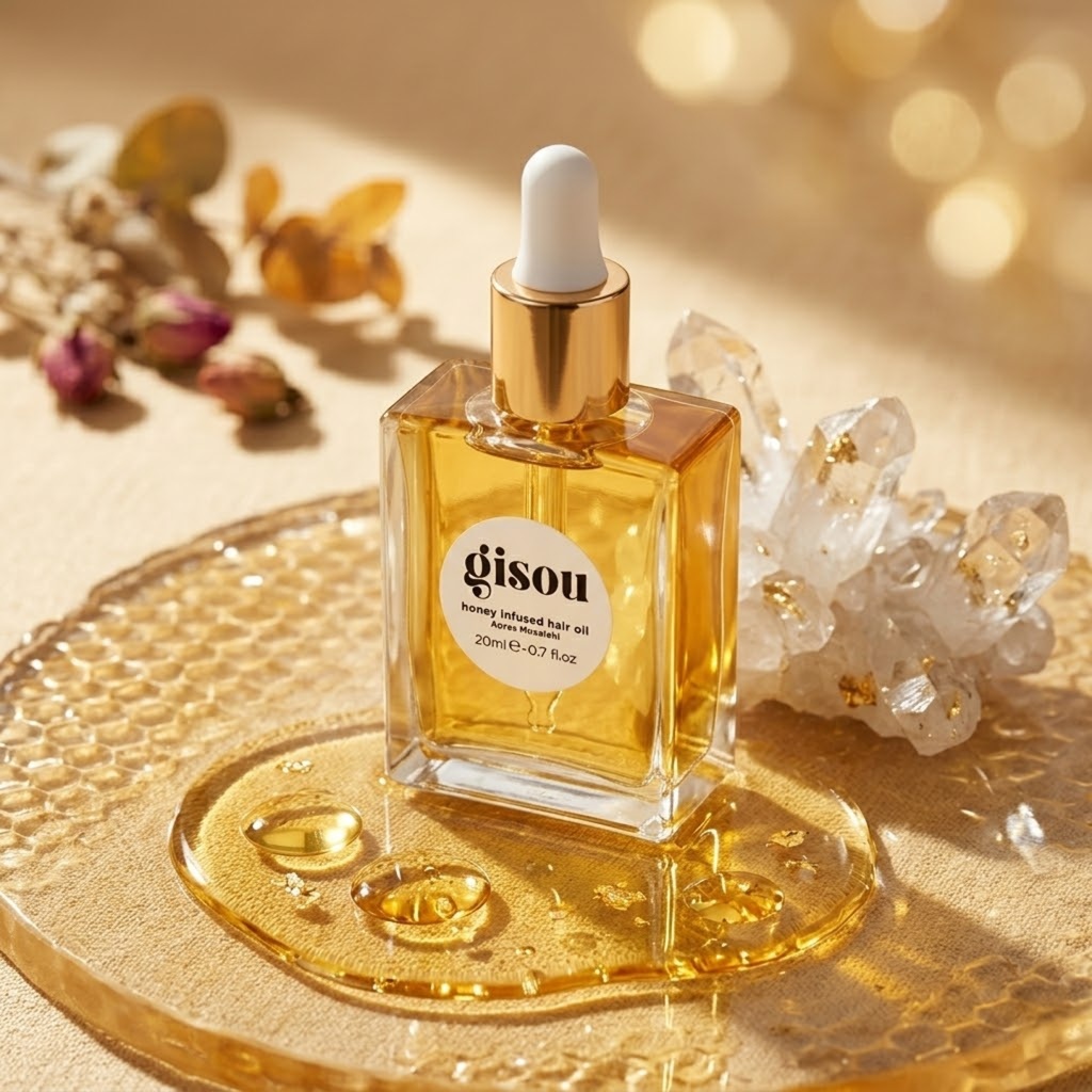 Gisou honing geïnfundeerde haarolie in een elegante fles, omringd door natuurlijke elementen en luxe uitstraling.