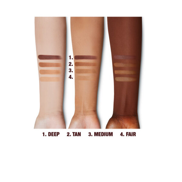 Vier armen met verschillende huidtinten en make-up swatches: deep, tan, medium, en fair.