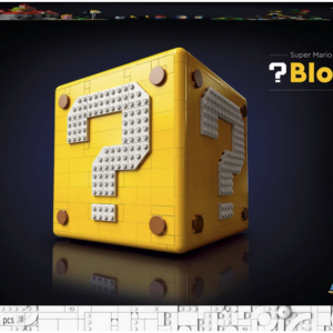 LEGO-set Super Mario 64 Mystery Block met iconisch vraagteken, 2064 stuks, leeftijd 18+, zwart achtergrond.
