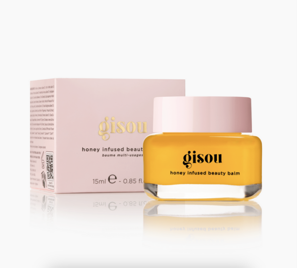 Gele pot Gisou honing beautybalsem voor huid, met roze verpakking. Hydratatie en verzorging, 15 ml verpakking.