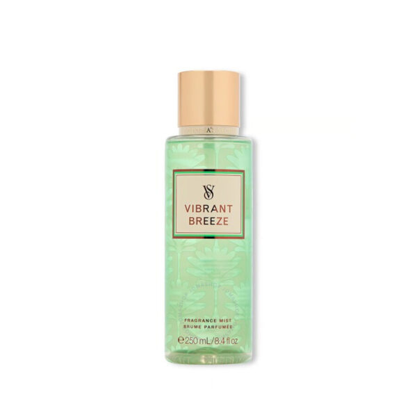 Parfumflesje Vibrant Breeze, groene fles met gouden dop, bloemvormige details, 250 ml geurmist.
