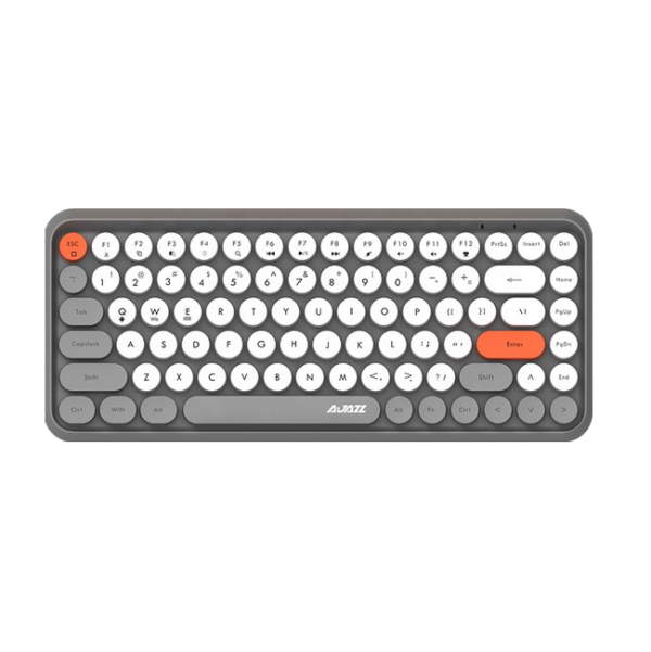 Rond toetsenbord met retro-design en witte toetsen. Ideaal voor stijlvol typen en moderne werkruimtes.