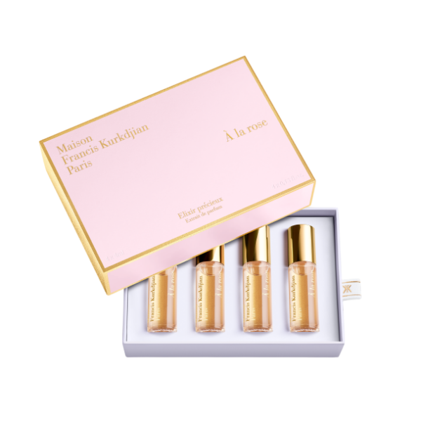 Maison Francis Kurkdjian À la Rose parfumset met vier flesjes in luxe verpakking, elegant en verfijnd cadeau.