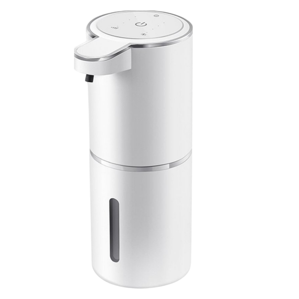 Witte automatische zeepdispenser met sensor voor contactloos handen wassen en hygiëne in keuken of badkamer.