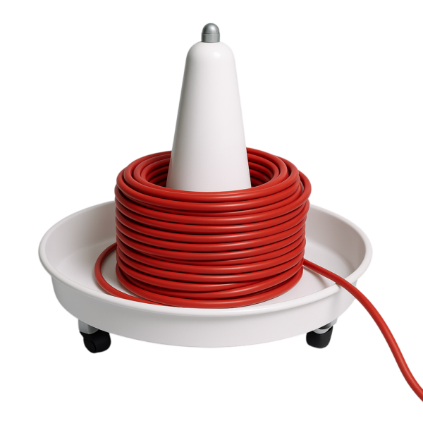 Witte kabelhaspel met rode kabel op wieltjes voor eenvoudig gebruik en opslag in huis of werkplaats.