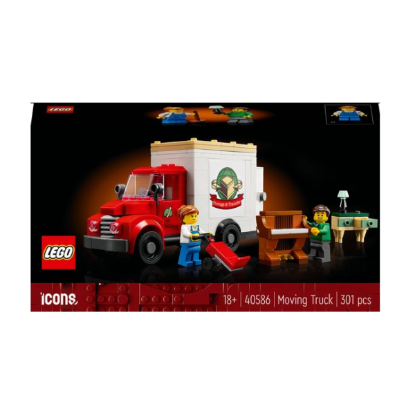 LEGO verhuiswagen set 40586 met piano, lamp en twee minifiguren op zwarte achtergrond. Bevat 301 stukjes.