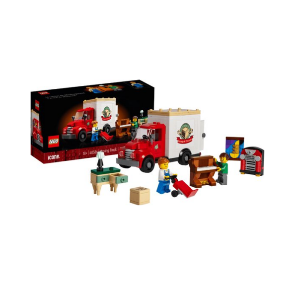 LEGO verhuiswagen set met minifiguren en meubels, perfect voor volwassen bouwers. Inclusief gedetailleerde accessoires.