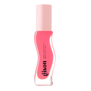 Roze flacon Gisou lipolie met honing, verzorgt en hydrateert lippen. Luxe verpakkingsontwerp voor zachte, glanzende lippen.