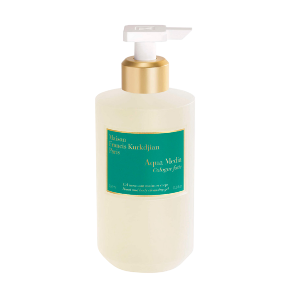 Maison Francis Kurkdjian Aqua Media hand- en lichaamsgel met pomp, 250ml. Luxe verpakking, verzorgende formule.