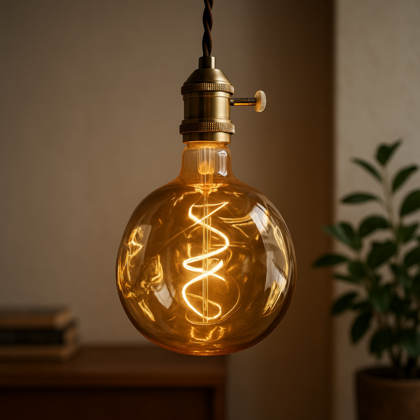 Stijlvolle LED-gloeilamp met spiraalvormige filamenten in sfeervolle kamer met planten en boeken op de achtergrond.