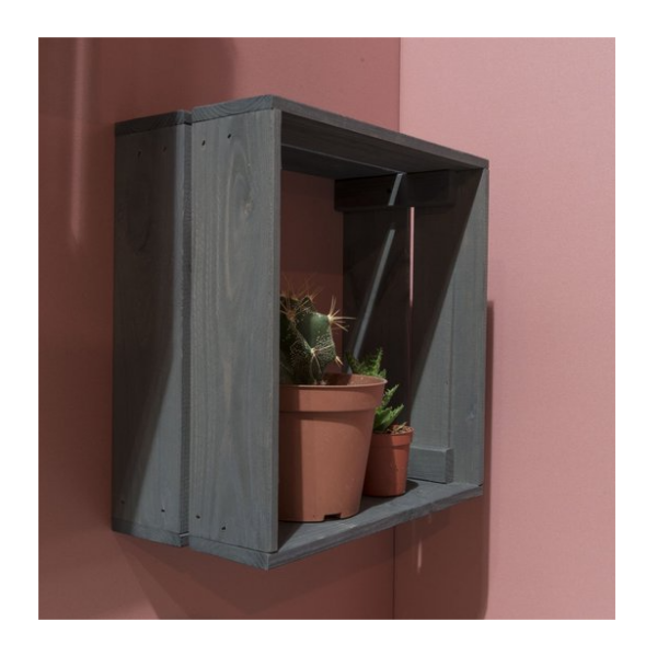 Houten wandplank met cactussen tegen roze muur, modern interieurontwerp.