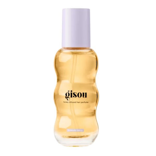 Flesje Gisou honey infused hair perfume, unieke vorm, met lavendel en bessen geur, paarse dop.