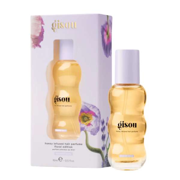 Gisou Honey Infused Hair Perfume Floral Edition met doos, 15 ml flesje met bloemenaccenten op de verpakking.