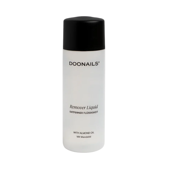 Doornagels remover vloeistof fles met amandelolie, zwarte dop en witte fles,ideaal voor nagelverzorging.