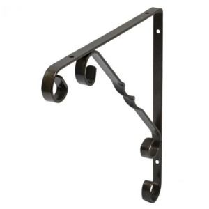 Zwarte metalen beugel met sierlijke krullen voor wandplank of schap. Decoratieve en stevige plankdrager.