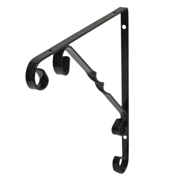 Zwarte metalen beugel met sierlijke krullen, ideaal voor het ondersteunen van planken of decoratieve elementen.