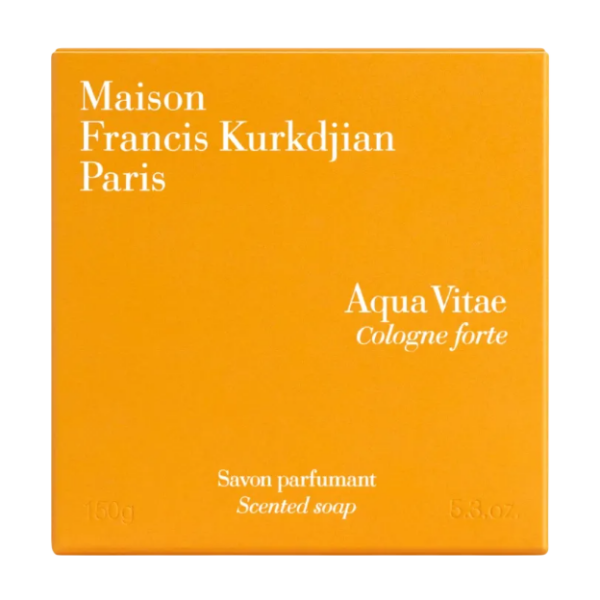 Oranje doosje Maison Francis Kurkdjian Aqua Vitae Cologne forte geparfumeerde zeep, 150g.