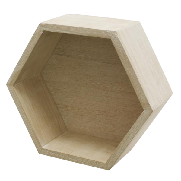 Houten zeshoekige wandplank voor moderne inrichting en opslag. Stijlvolle decoratieve oplossing voor thuis of kantoor.