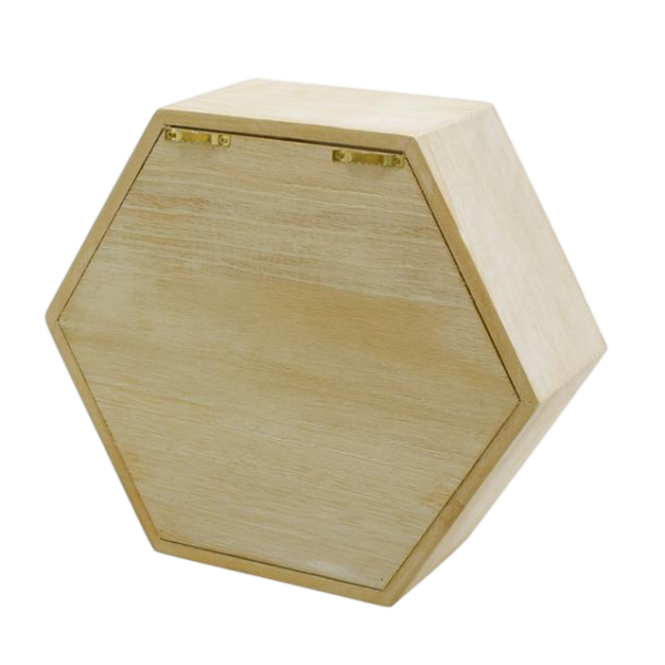 Houten zeshoekige doos met scharnierdeksel, ideaal voor creatieve decoratie en opslag.
