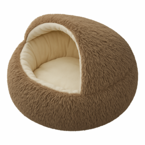 Donkerbruine, pluizige iglo-huisdierennest voor katten of kleine honden, biedt comfortabele rustplek. Perfect voor huisdieren.