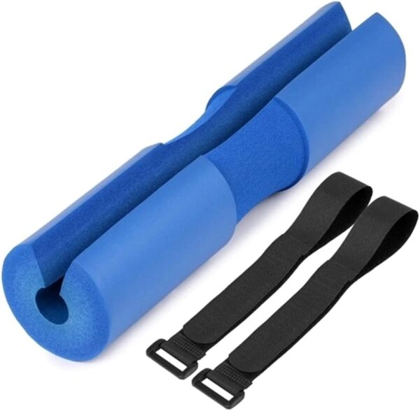Blauwe squatrekkel met schuimvulling en verstelbare riemen voor comfortabel gewichtheffen en bescherming.