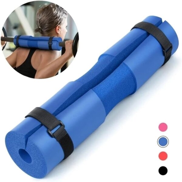 Blauwe barbell nekbeschermer voor gewichtheffen met riemen, ideaal voor comfort bij squats en krachttraining in de sportschool.