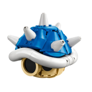 Blauwe LEGO-schildpad met stekels, geïnspireerd door een iconisch videospel, tegen een witte achtergrond.