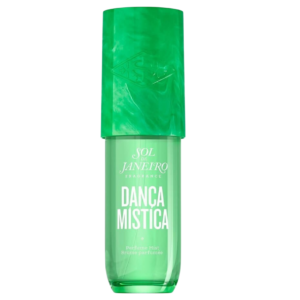 Groene parfumfles van Sol de Janeiro Danca Mistica, verfrissende geurmist voor dagelijks gebruik.